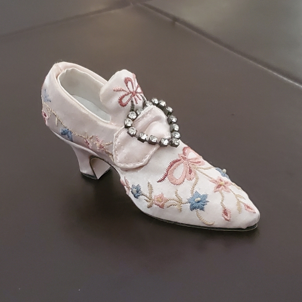 Vintage Victorian Shoe Pink Embroidered Fabric Collectible Mini Shoe Rhinestones